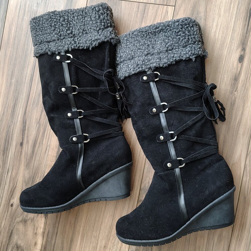 Women's Black Velvet Knee-High Boots, Size 39 EUR / 7.5 USA